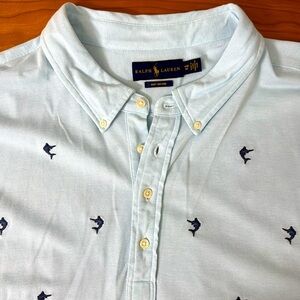 Light Blue Ralph Lauren knit Oxford. 4XB. Short sleeve w/ button down color